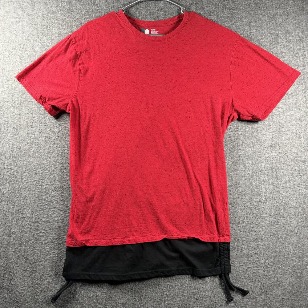 Colorblock Shirt Mens XL Red Black Layered Hem Drawstring Tee Streetwear Casual